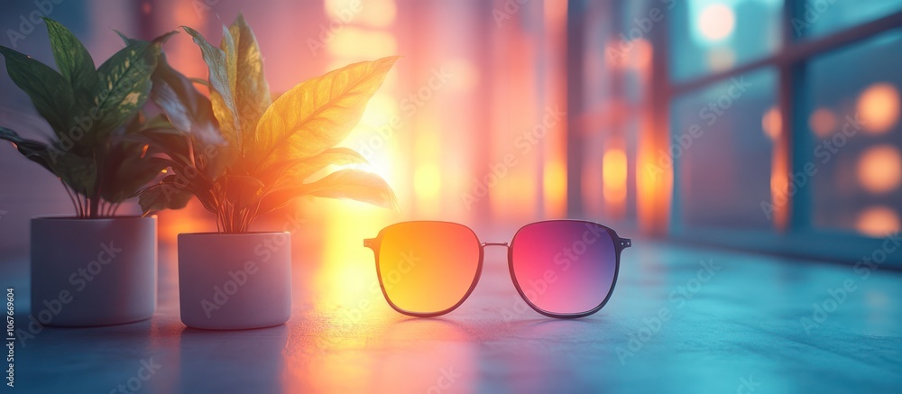 Sunglasses with vibrant color gradient lenses and plant pots on a table with blurred bokeh lights. Sunglasses with vibrant color gradient lenses and plant pots on a table with blurred bokeh lights.