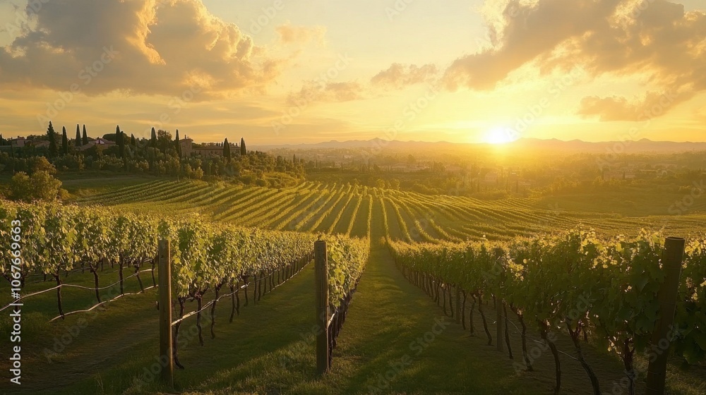 Fototapeta premium Golden Sunset Over Serene Vineyard Landscape