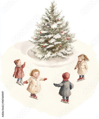 Watercolor Victorian Christmas Fir Tree, Children Playing, Lush Christmas Girl with Baby, New Year, Winter Holiday, Holiday, New Year Toys, Noel, Angel Child, Nutcracker, Poinsettia, Bouquet, Showcase