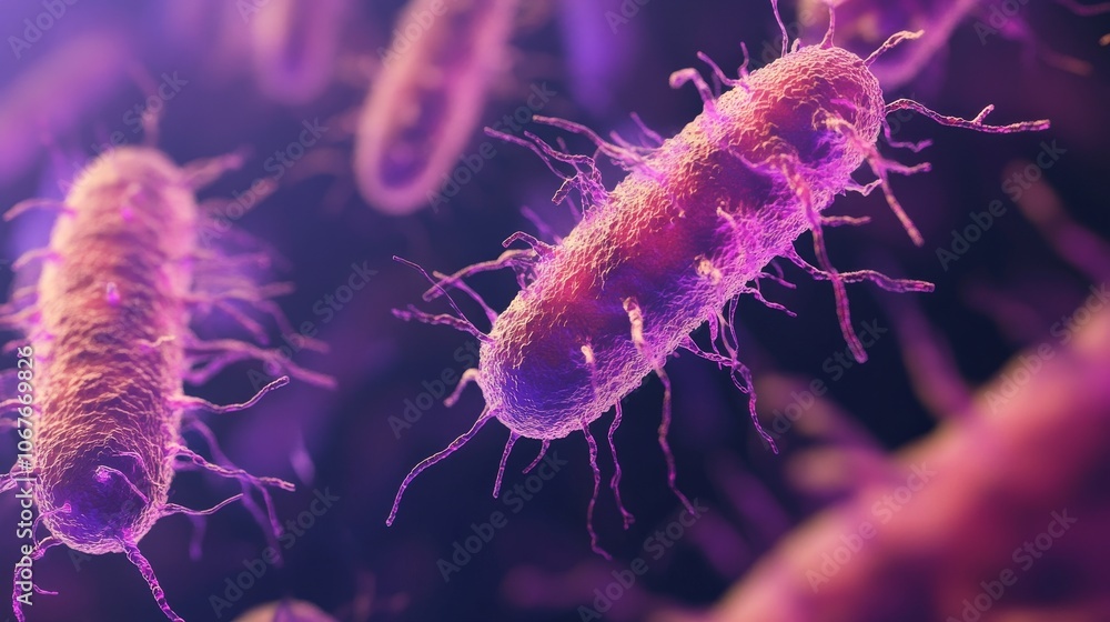 Illustration of purple bacteria-like forms glowing under UV light, depicting a surreal and bioluminescent scene with an emphasis on textures and mysterious vibes. Illustration of purple bacteria-like forms glowing under UV light, depicting a surreal and bioluminescent scene with an emphasis on textures and mysterious vibes.