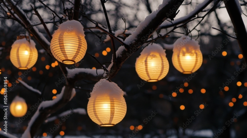 Obraz premium Snowy Lanterns Glowing in Winter Twilight