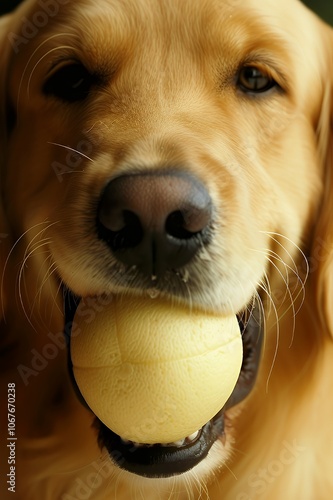 Close-up portrait of a golden retriever dog with a tennis ball in its mouth. photo