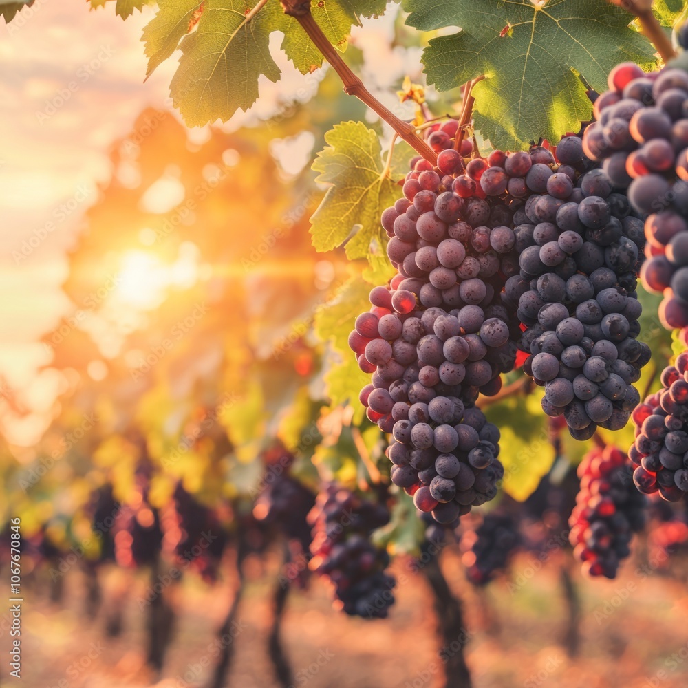 Fototapeta premium Grapes hanging on vines in a vineyard during sunset.