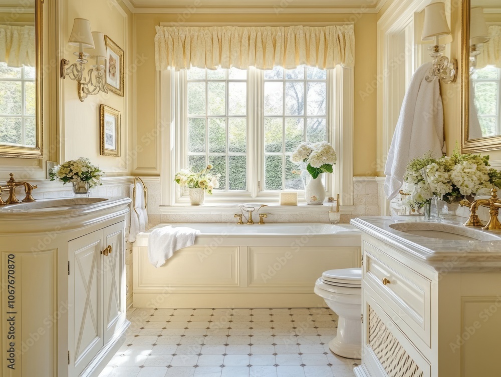 Elegant Bathroom with White Tub, Double Vanity, and Floral Accents Elegant Bathroom with White Tub, Double Vanity, and Floral Accents