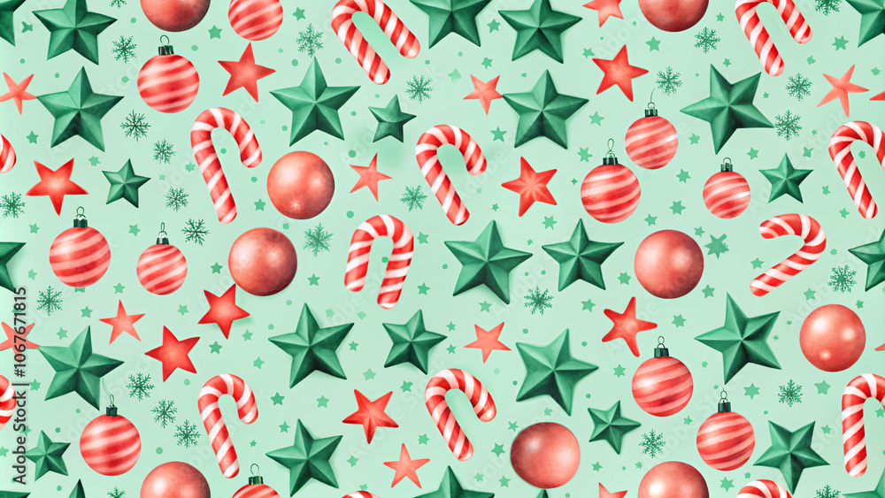 Seamless Christmas pattern with red and green ornaments, candy canes, and stars, designed for gift wrap or background designs Seamless Christmas pattern with red and green ornaments, candy canes, and stars, designed for gift wrap or background designs