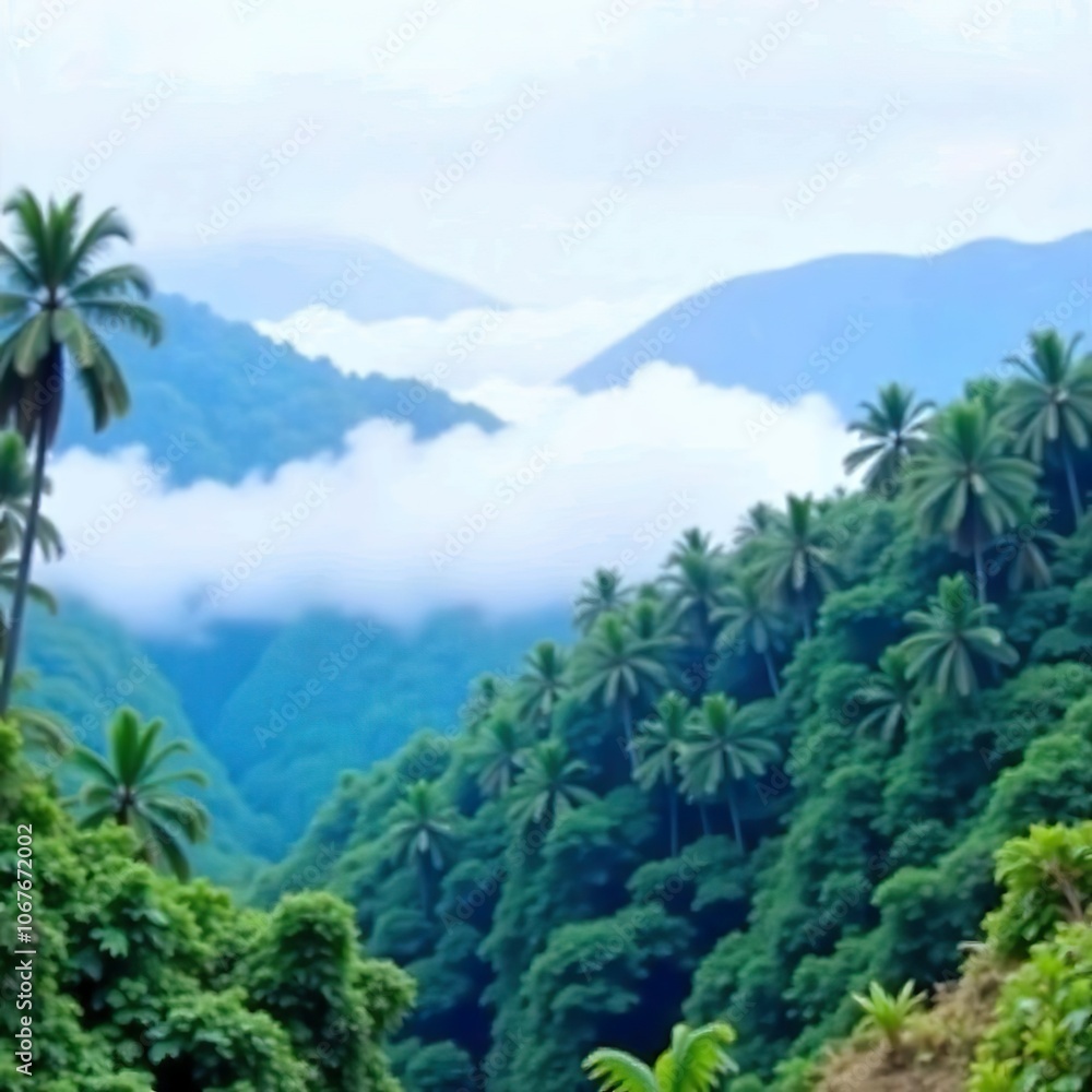 The rainforest is lush and green, with tall trees and dense foliage, and a cloudy sky. The rainforest is lush and green, with tall trees and dense foliage, and a cloudy sky.
