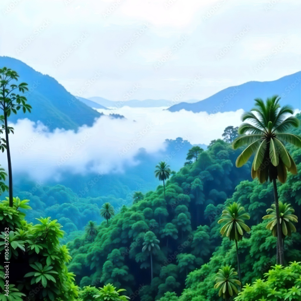 A tropical rainforest whose tall trees and dense foliage are encircled by mist and fog in a cloudy sky A tropical rainforest whose tall trees and dense foliage are encircled by mist and fog in a cloudy sky
