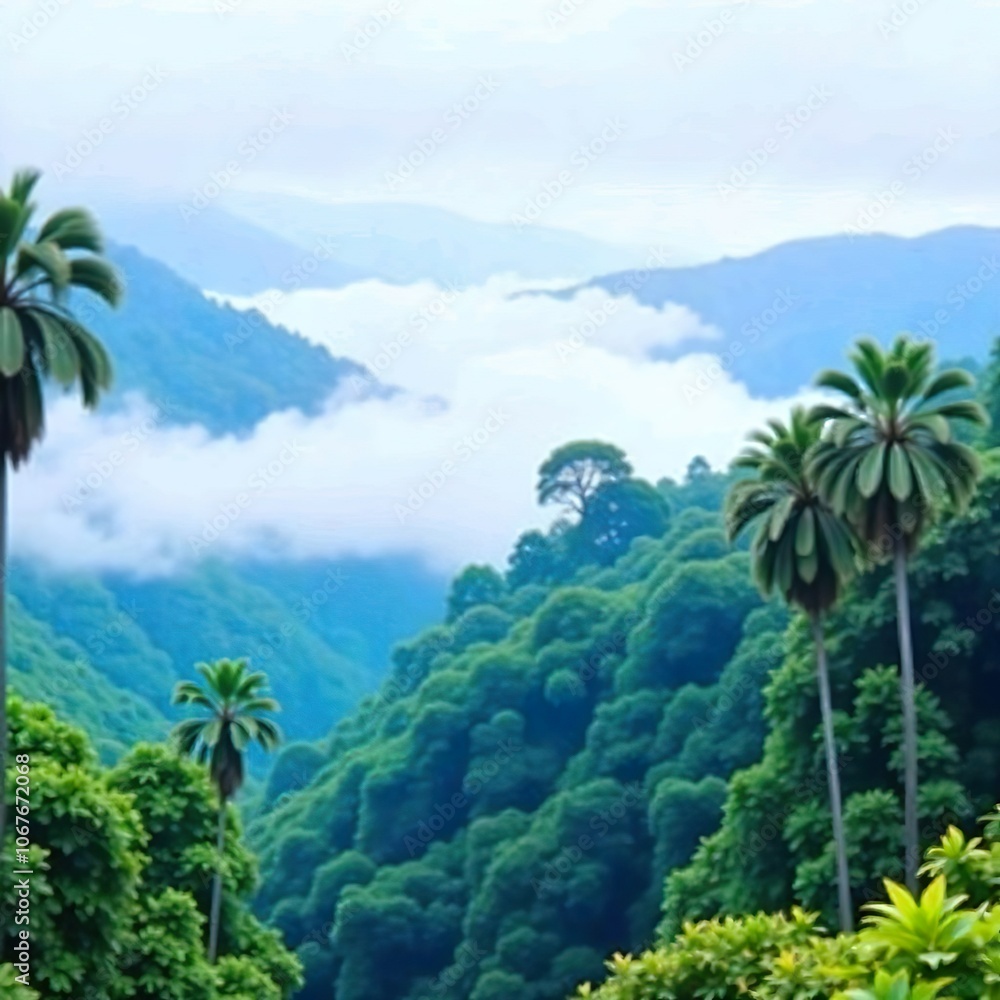 A tropical rainforest that is lush and green with tall trees and dense foliage, and is surrounded by mist and fog against a cloudy sky A tropical rainforest that is lush and green with tall trees and dense foliage, and is surrounded by mist and fog against a cloudy sky