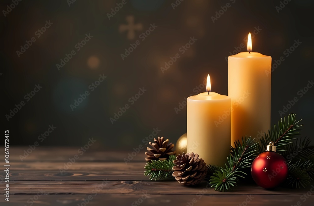 Elegant holiday decorations with gold ornaments and candles on a wooden table in a cozy setting. Christmas illustration Elegant holiday decorations with gold ornaments and candles on a wooden table in a cozy setting. Christmas illustration