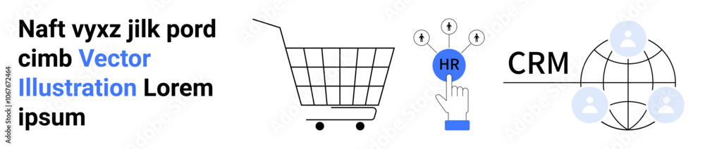 Shopping cart, HR button with arrows, and CRM network icons with text blocks. Ideal for e-commerce, human resources, customer relationship management, digital marketing, business analytics, online Shopping cart, HR button with arrows, and CRM network icons with text blocks. Ideal for e-commerce, human resources, customer relationship management, digital marketing, business analytics, online