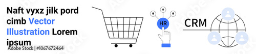 Shopping cart, HR button with arrows, and CRM network icons with text blocks. Ideal for e-commerce, human resources, customer relationship management, digital marketing, business analytics, online