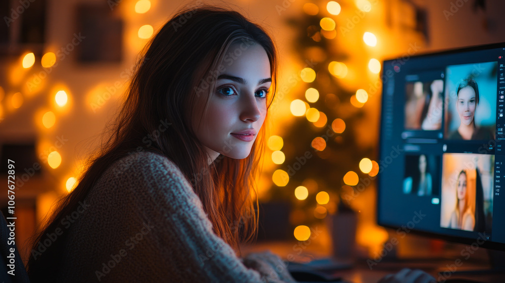 Woman on Video Call in Warm Home Office Woman on Video Call in Warm Home Office