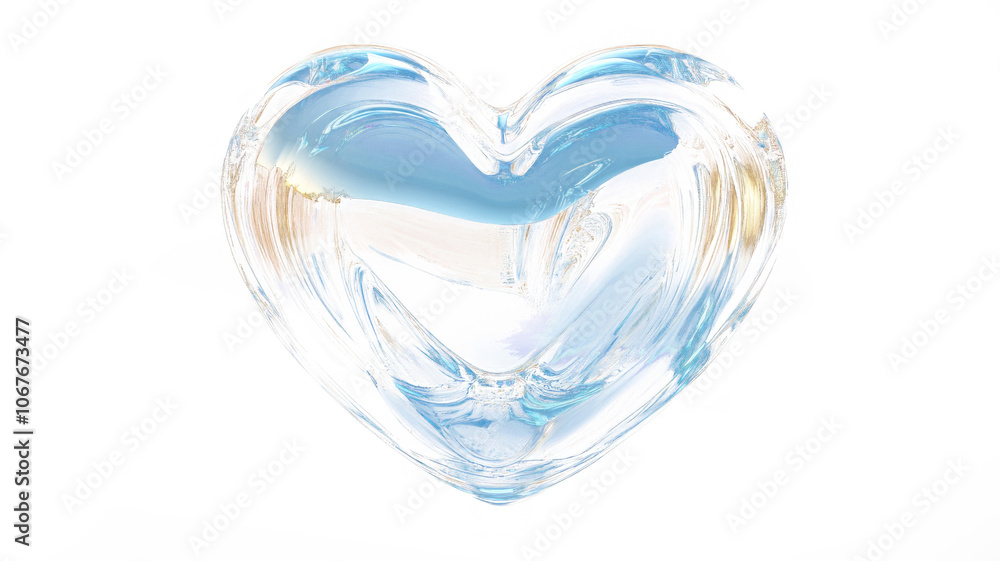 Glass transparent isolated heart. Realistic soap bubble in the shape of a heart, glare, light and sparkles. Glossy holographic chrome futuristic decoration element. Glass transparent isolated heart. Realistic soap bubble in the shape of a heart, glare, light and sparkles. Glossy holographic chrome futuristic decoration element.