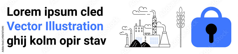 Industrial plant with smoke, agricultural icon, and blue security lock symbolize sustainability, production, and security. Ideal for industry, agriculture, security, environmental impact, business