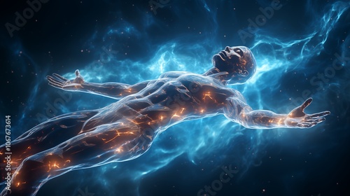 A glowing, ethereal human figure floats in a field of energy. photo