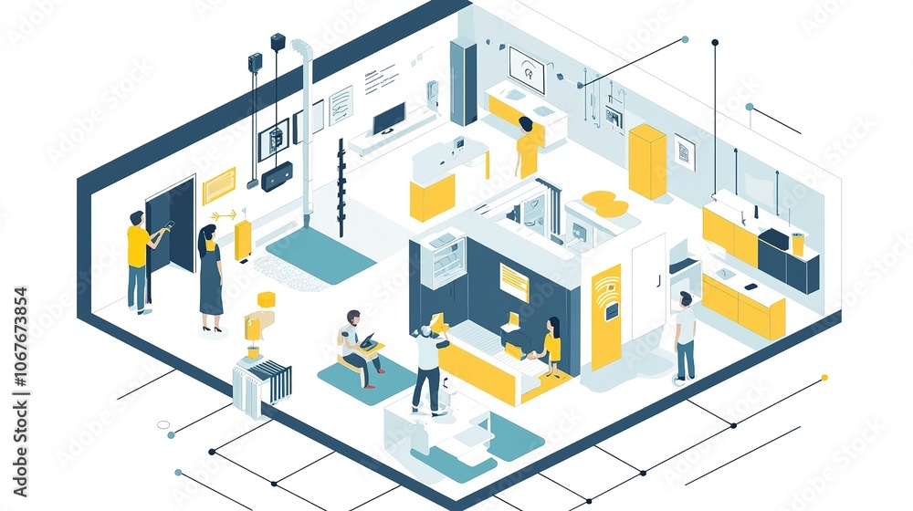 A vibrant illustration of a modern workspace, featuring various professionals engaged in different tasks within a segmented office layout. A vibrant illustration of a modern workspace, featuring various professionals engaged in different tasks within a segmented office layout.