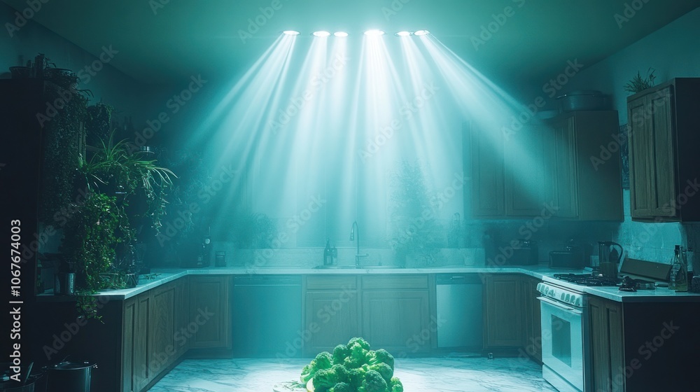 Naklejka premium A kitchen interior with dramatic lighting, plants, and a single piece of broccoli in the foreground.