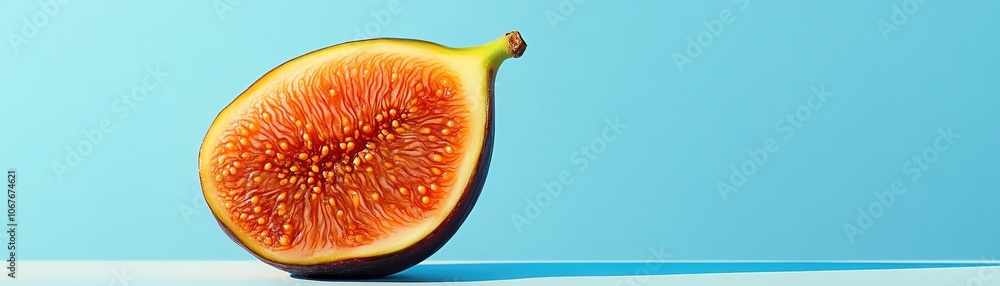 Closeup of a halved fig against a pastel blue background, soft lighting, minimalistic shot Closeup of a halved fig against a pastel blue background, soft lighting, minimalistic shot
