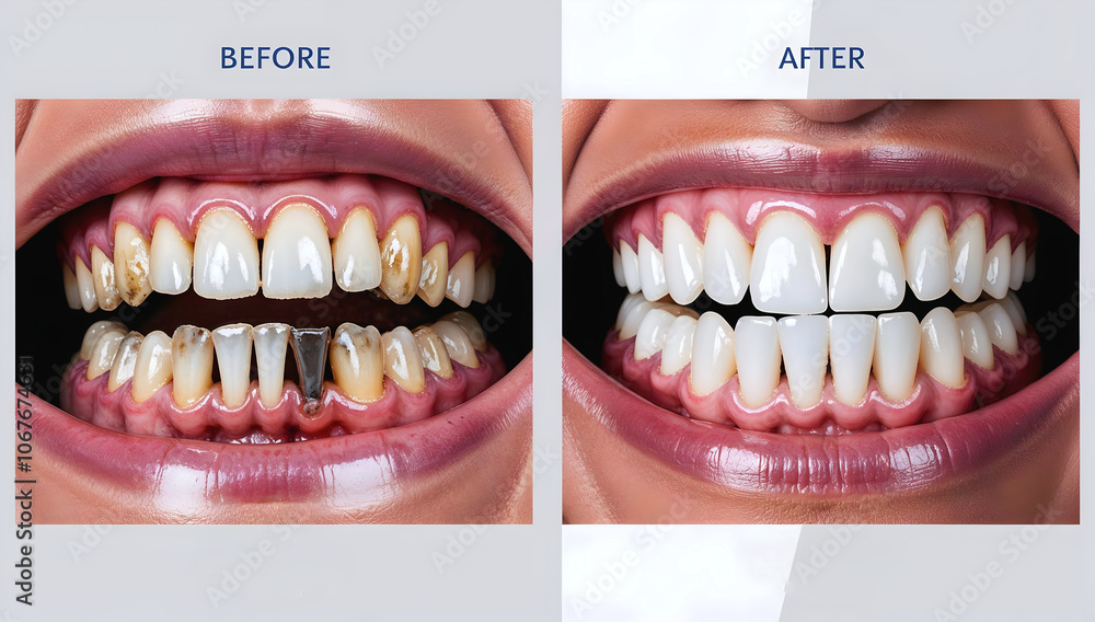 Closeup of human teeth before and after dental procedure, dentist, smile, dental surgery