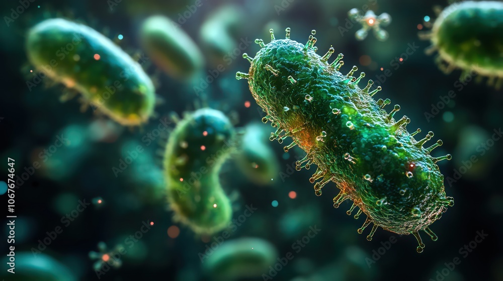 Closeup of green bacteria under a microscope, neon colors and floating particles in soft focus Closeup of green bacteria under a microscope, neon colors and floating particles in soft focus
