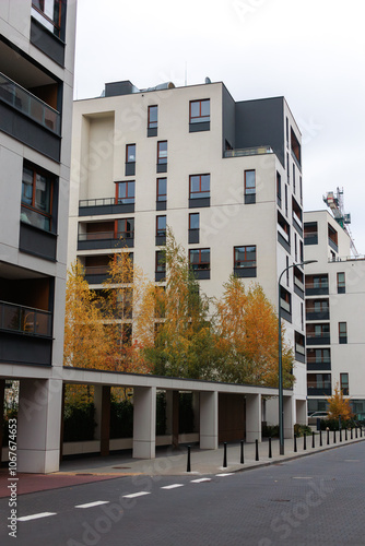 Modern view of a European apartment building. High quality photo. Autumn