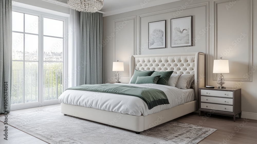 A Luxurious Bedroom Interior Featuring a White Upholstered Bed with Green Pillows and a View of a Cityscape A Luxurious Bedroom Interior Featuring a White Upholstered Bed with Green Pillows and a View of a Cityscape