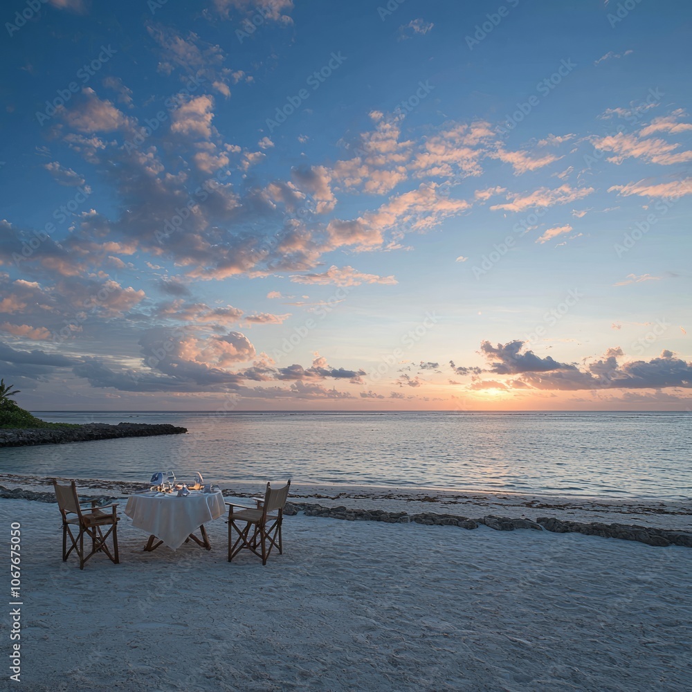 A romantic beach dinner setup at sunset with chairs and a table. A romantic beach dinner setup at sunset with chairs and a table.
