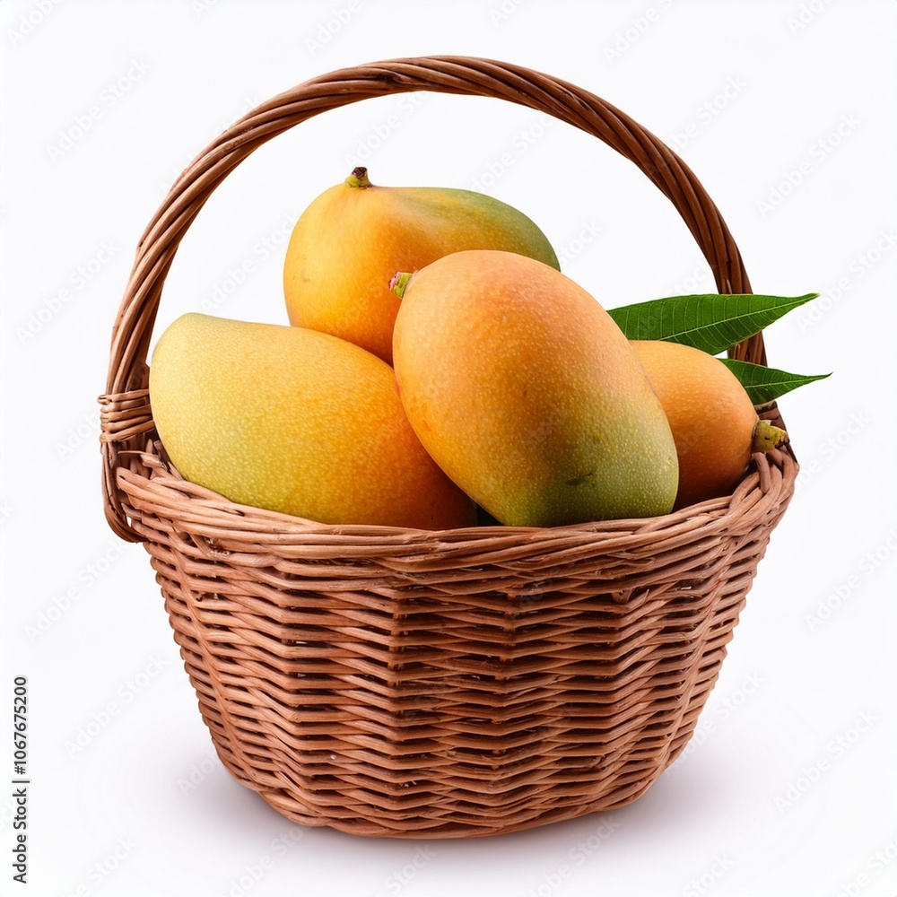 fresh mangoes in wicker basket and white background fresh mangoes in wicker basket and white background