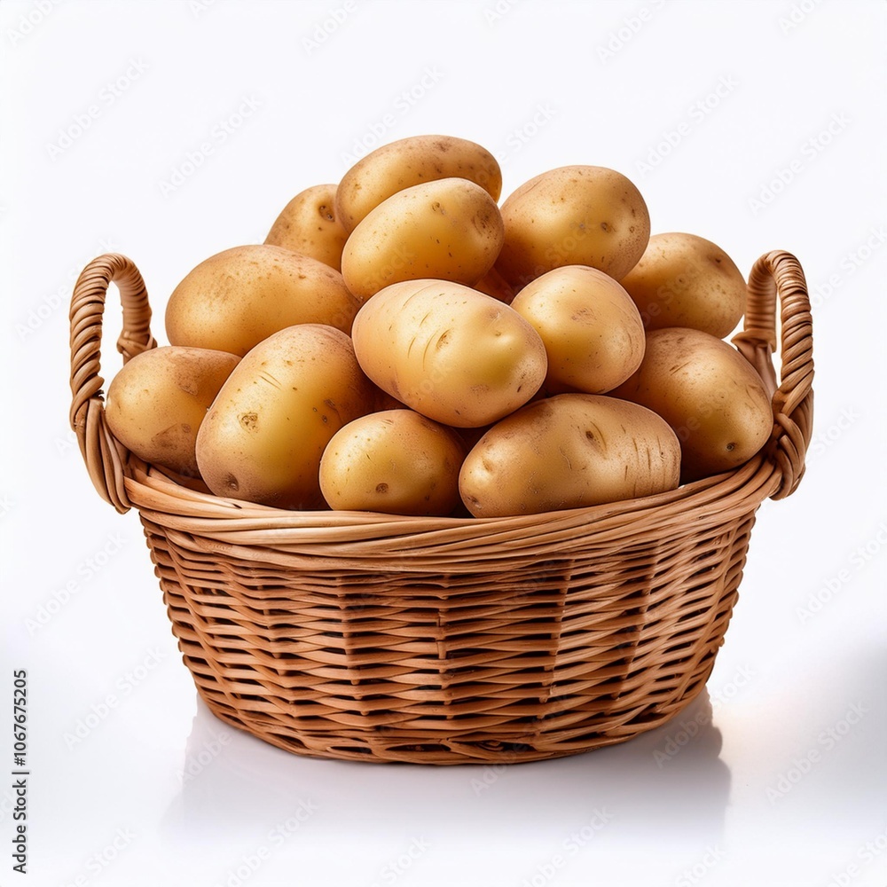 fresh potatoes in wicker basket and white background fresh potatoes in wicker basket and white background