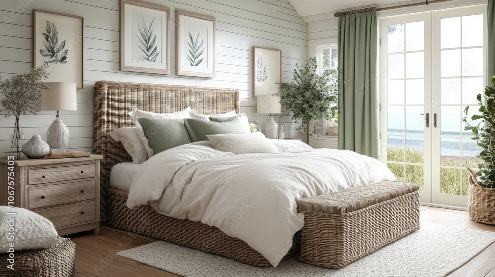 Fototapeta premium Coastal Bedroom with Wicker Bed and Ocean View