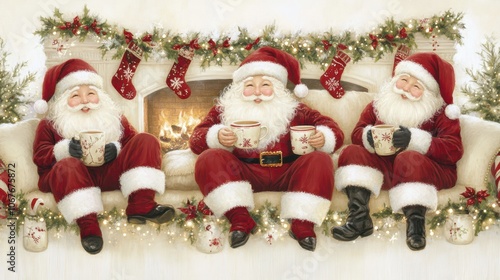 Group of people dressed as Santa with mugs, enjoying Christmas by a tree with warm lights. Concept: holiday gathering, warmth, joy