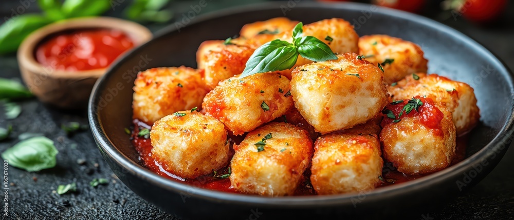 Mozzarella sticks with marinara sauce and basil garnish, dark background, closeup Mozzarella sticks with marinara sauce and basil garnish, dark background, closeup