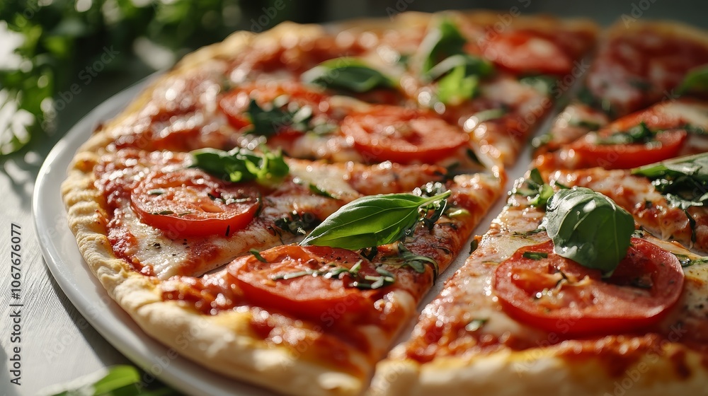 A close-up of a gluten-free pizza crust topped with fresh tomatoes, basil, and cheese, sliced into wedges A close-up of a gluten-free pizza crust topped with fresh tomatoes, basil, and cheese, sliced into wedges