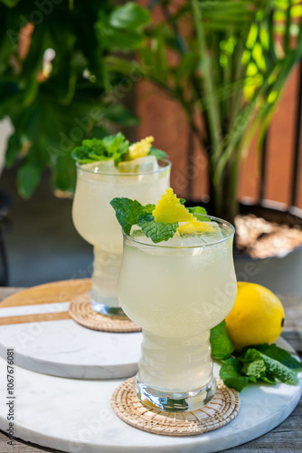 Lemon cocktails with mint and lemon garnish  photo