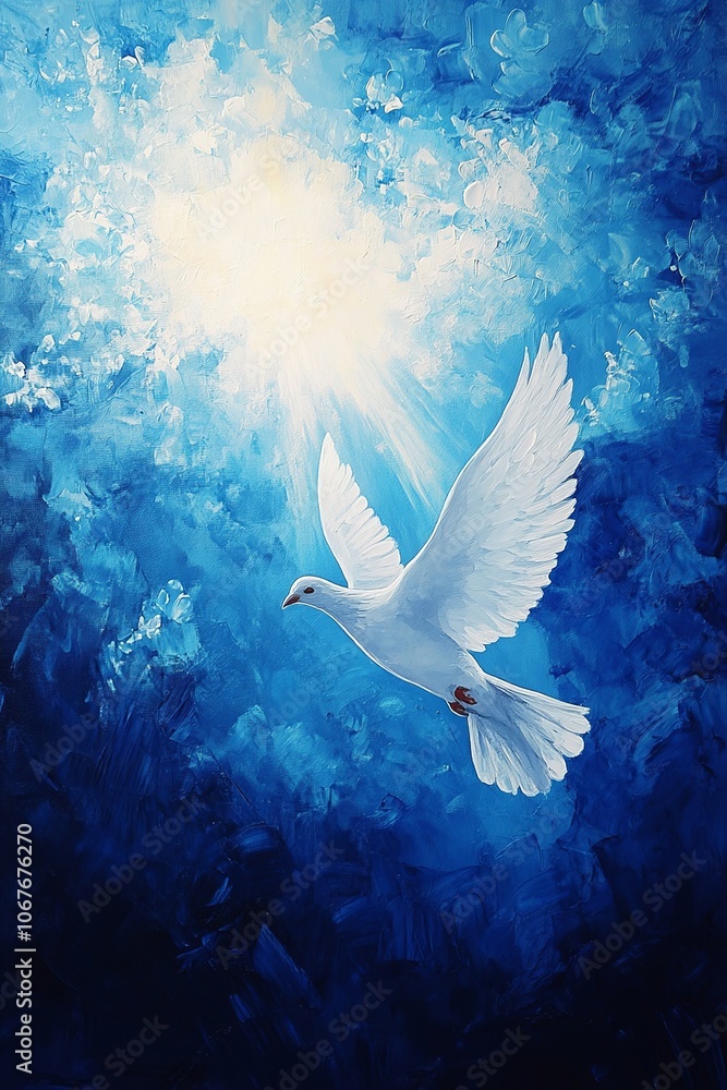Φωτογραφία A captivating scene of a dove gracefully soaring across a deep blue sky, as the setting sun casts warm hues on the horizon, creating a tranquil and peaceful ambiance