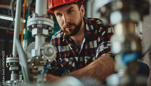 Professional engineer installing a natural gas boiler at home, he is checking the pipes