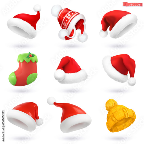 Santa Claus hat and winter hats. Christmas 3d cartoon vector icon set