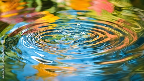 A mesmerizing image showcasing ripples in water with colorful reflections, capturing the essence of tranquility and nature's vibrant beauty. photo