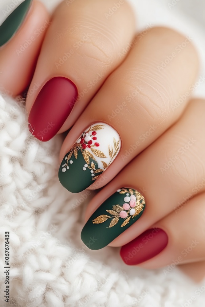 chic holiday manicure in green, red, and white, with matte finishes and detailed gold leaf and botanical art chic holiday manicure in green, red, and white, with matte finishes and detailed gold leaf and botanical art