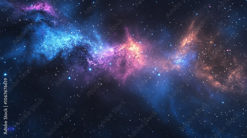 Naklejka premium A stunning cosmic nebula showcasing vibrant blues, purples, and pinks swirling together in a celestial dance, set against a backdrop of sparkling stars.