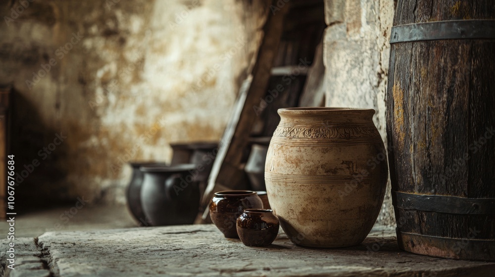 Fototapeta premium Rustic pottery and barrels in antique setting