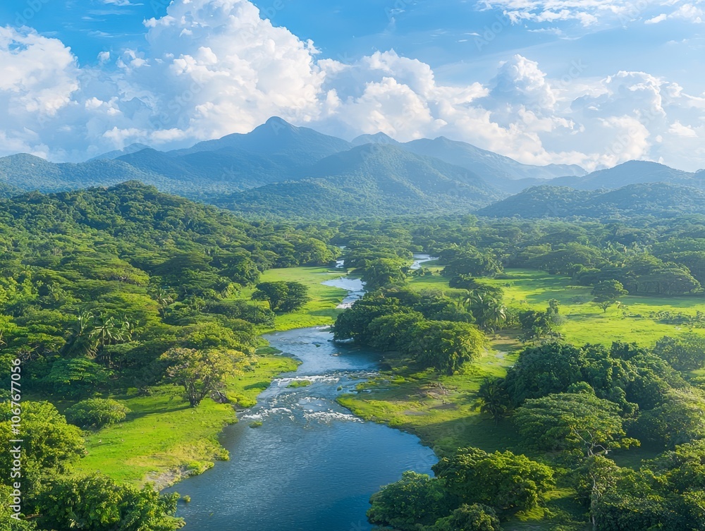 Lush green landscape with a winding river and distant mountains under clouds. Lush green landscape with a winding river and distant mountains under clouds.