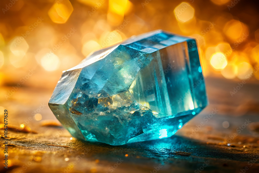A stunning blue crystal glimmers against a warm, blurred background, showcasing its intricate facets and vibrant color. A stunning blue crystal glimmers against a warm, blurred background, showcasing its intricate facets and vibrant color.