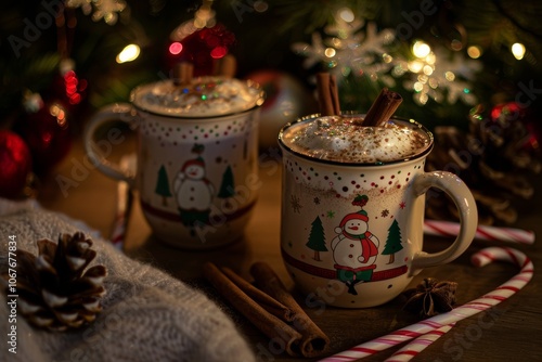 Festive hot chocolate with cinnamon in holiday mugs