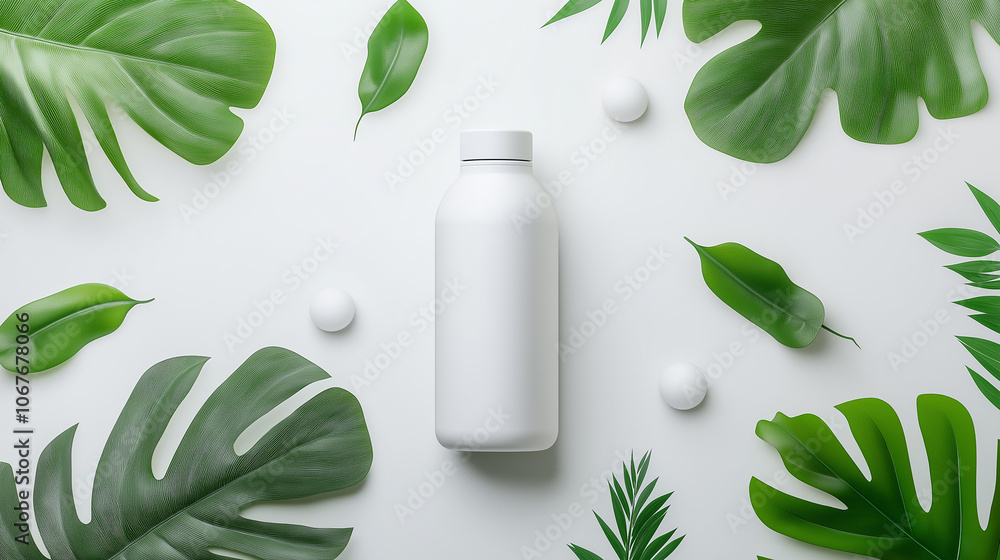 White bottle with a green leaf background. White bottle with a green leaf background.