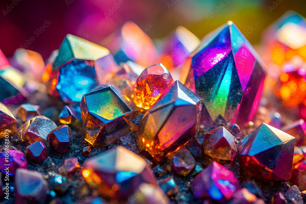 Vibrant, iridescent crystals with geometric shapes clustered together, reflecting a spectrum of rainbow colors against a dark background. Vibrant, iridescent crystals with geometric shapes clustered together, reflecting a spectrum of rainbow colors against a dark background.