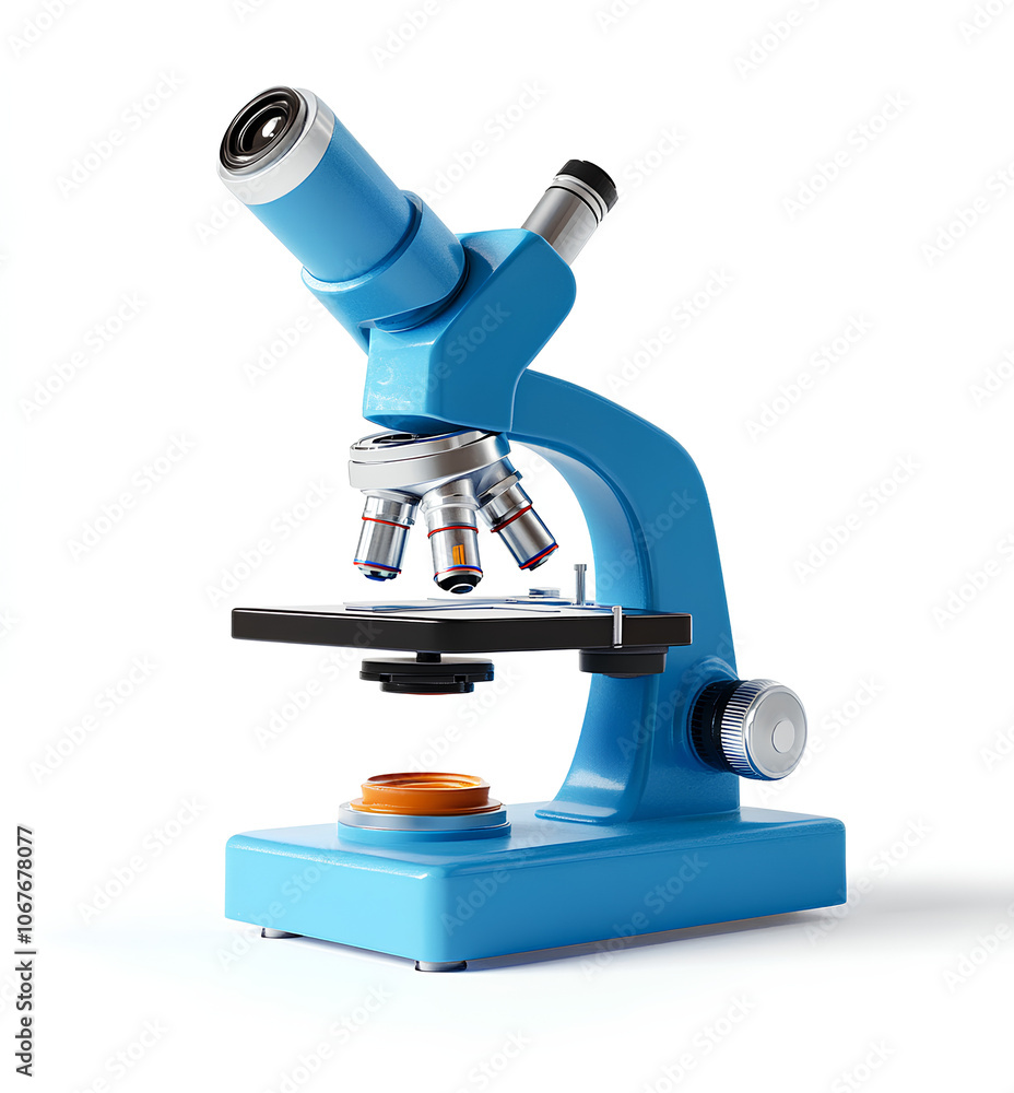 A blue children's microscope, white background A blue children's microscope, white background