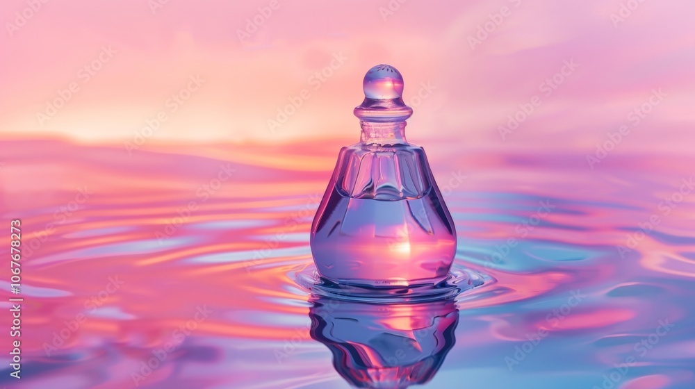 Elegant perfume bottle floating on pink water Elegant perfume bottle floating on pink water