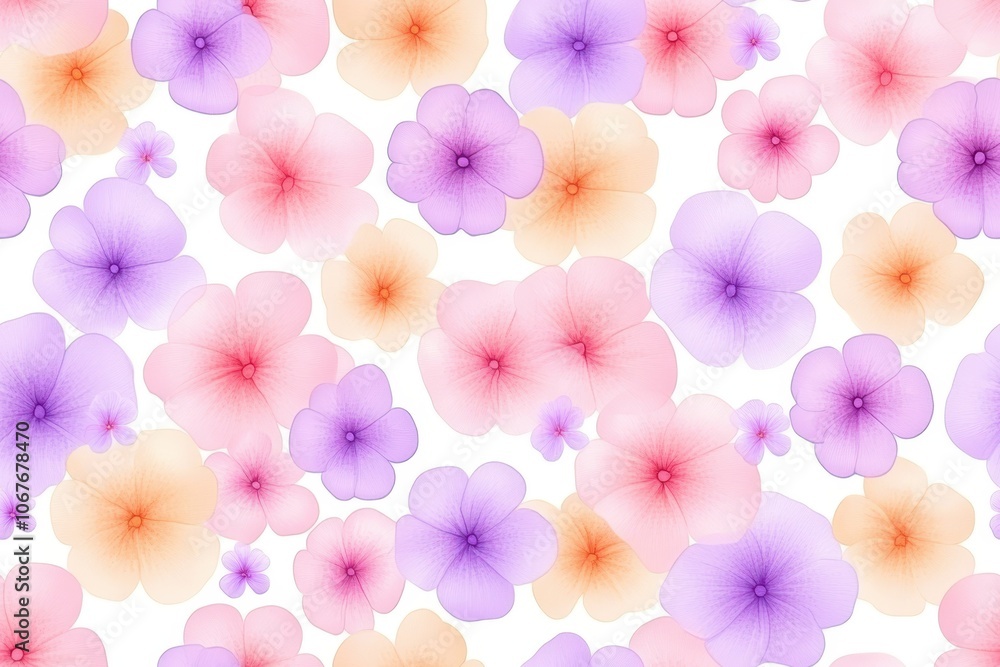 Φωτογραφία Playful floral pattern with purple, pink, and yellow flowers on a white background, perfect for spring-themed or nature-inspired designs