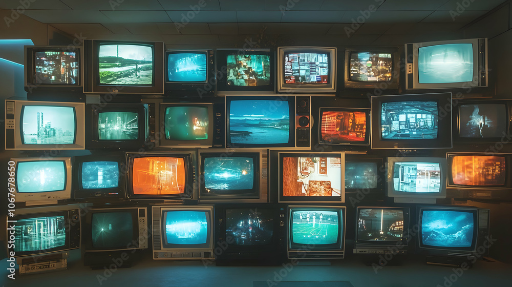 Display of multiple TV channels, media concept with a variety of television screens in one view Display of multiple TV channels, media concept with a variety of television screens in one view